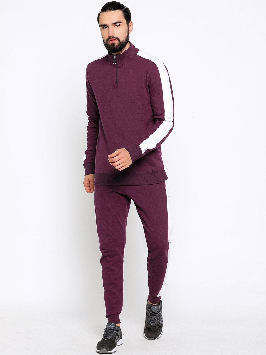 Clothing Tracksuits | Maniac Men Burgundy & White Solid Slim-Fit Track Suit - QA01493
