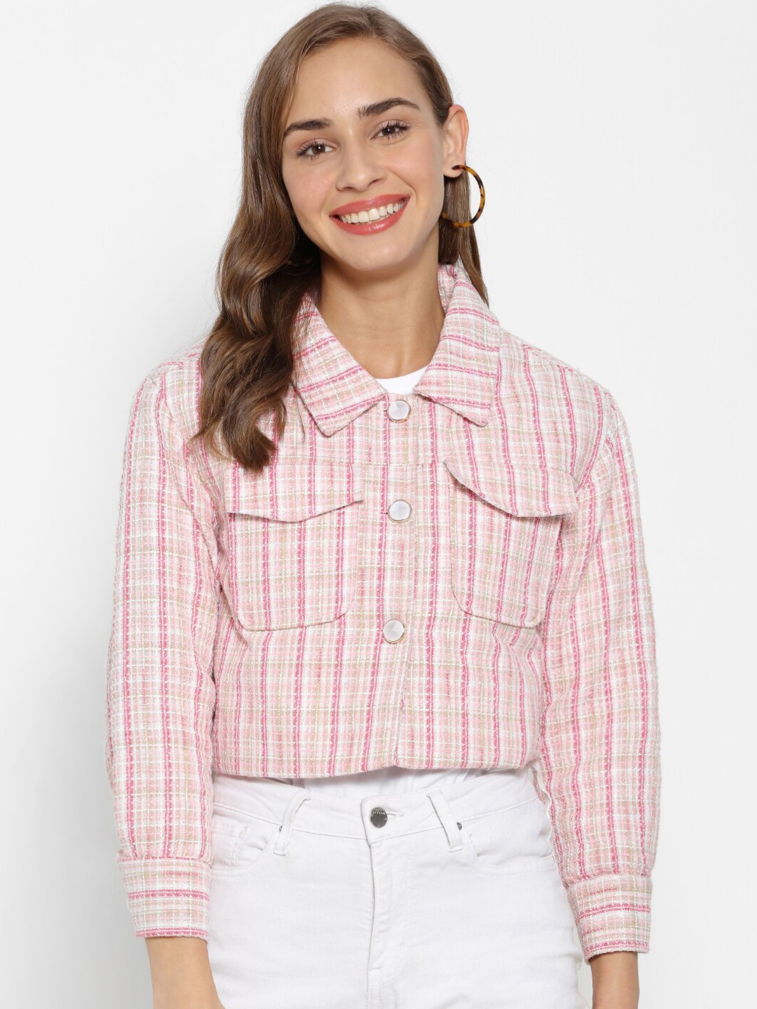 Clothing Blazers | Campus Sutra Women Pink & Beige Striped Crop Pure Cotton Blazer - KC07337