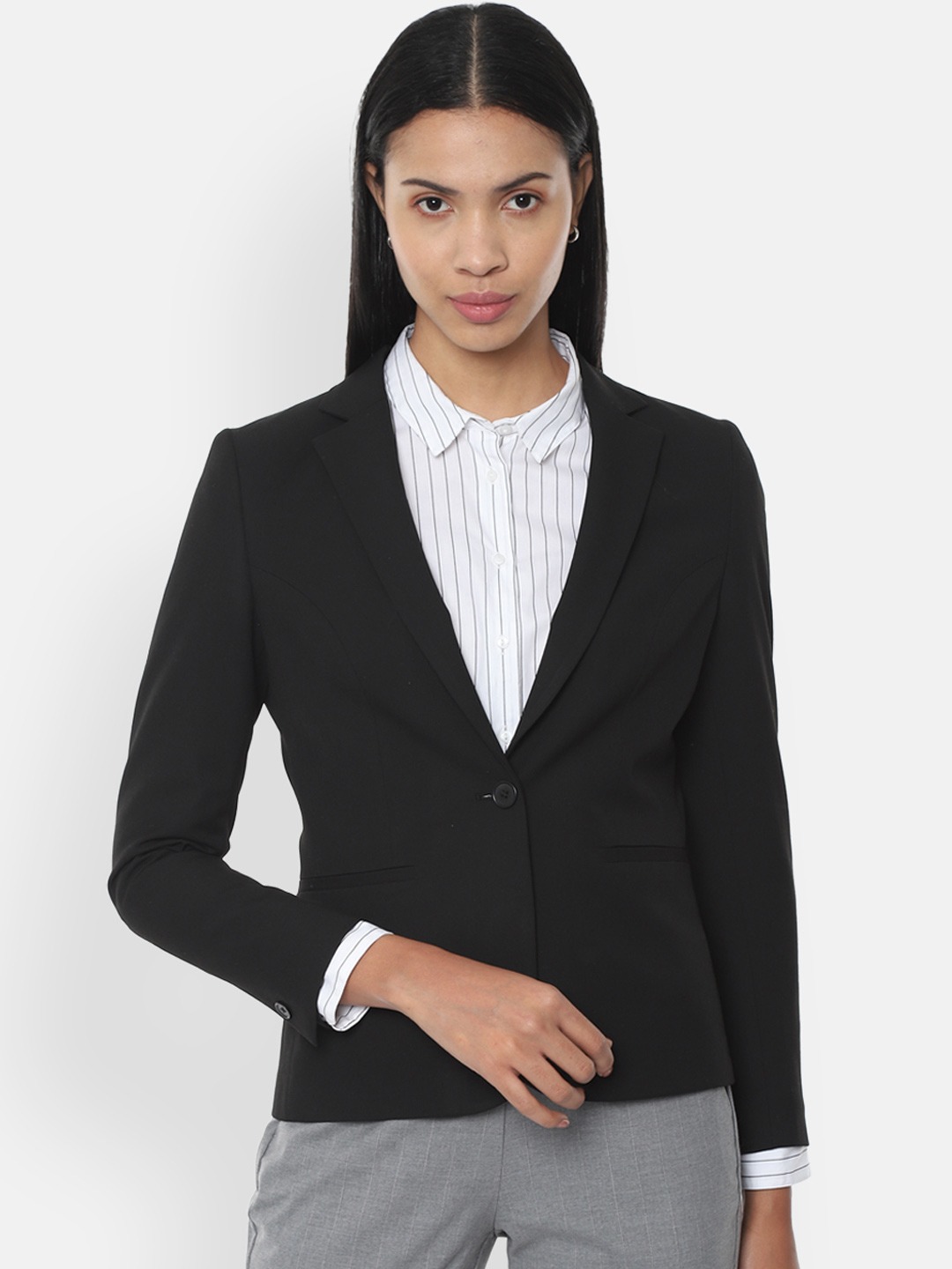 Clothing Blazers | Van Heusen Woman Black Solid Single-Breasted Formal Blazer - VN57099