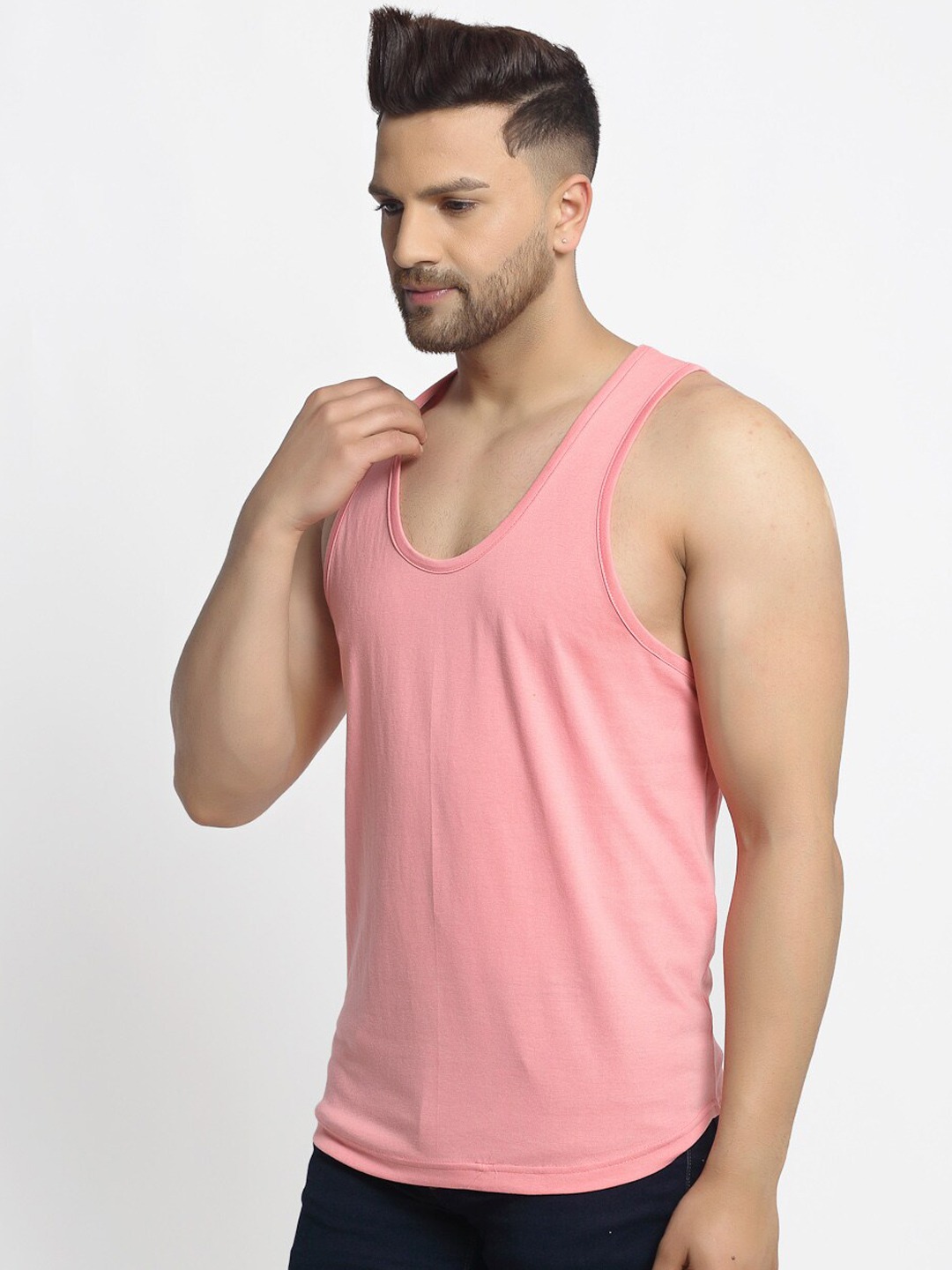 Clothing Innerwear Vests | Friskers Men Coral Pink Solid Cotton Gym Vest - YV59222