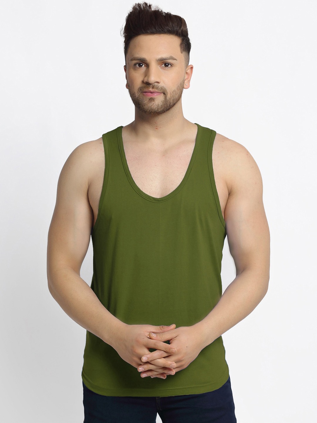 Clothing Innerwear Vests | Friskers Men Olive Green Solid Cotton Apple Cut Casual Gym Vest C-34 - FA86043