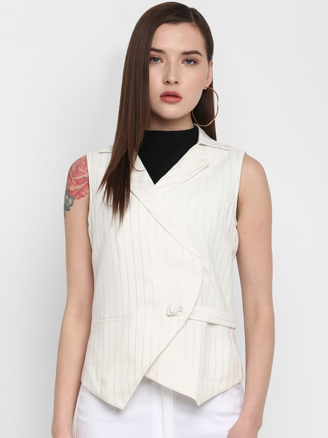 Clothing Blazers | DEEBACO Women Off White Striped Double-Breasted Pure Cotton Casual Blazer - NC38408