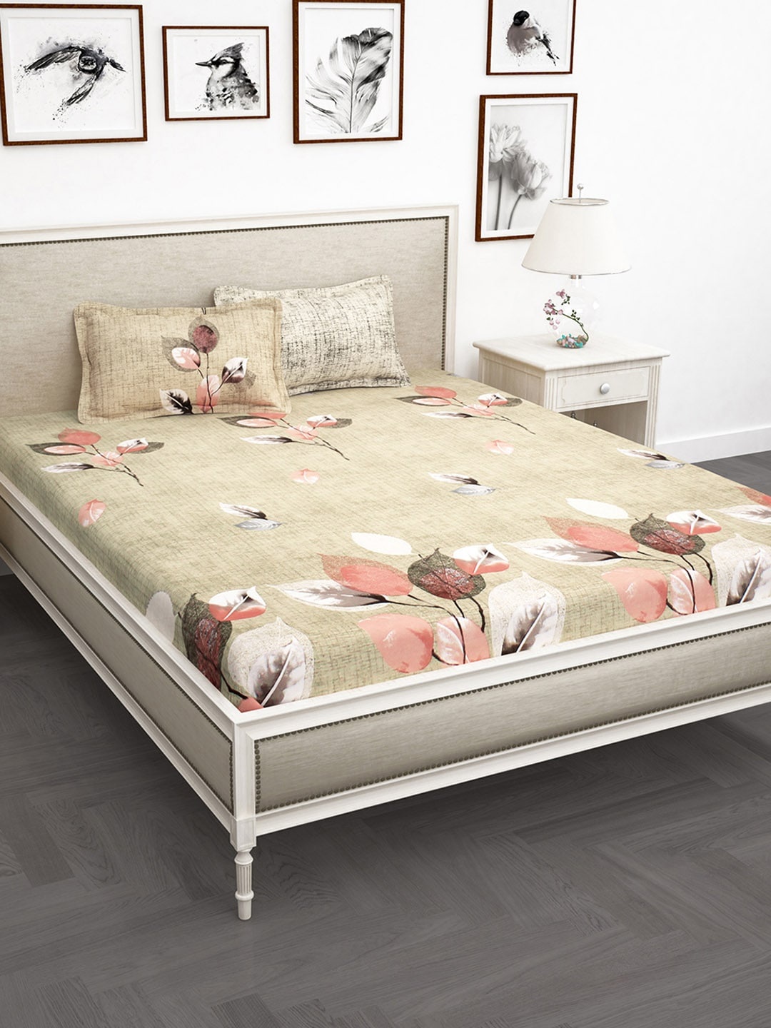 Story@home Beige Floral 210 TC Cotton 1 King Bedsheet with 2 Pillow Covers
