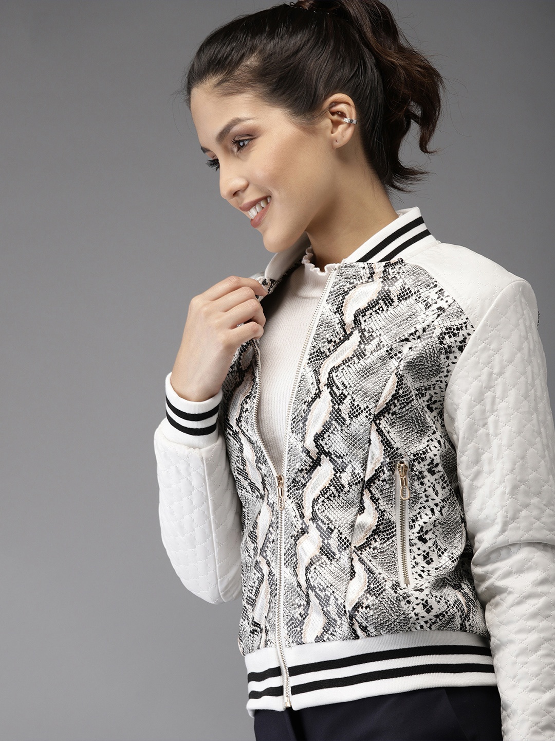 HERE&NOW Women White Animal Printed Bomber Jacket