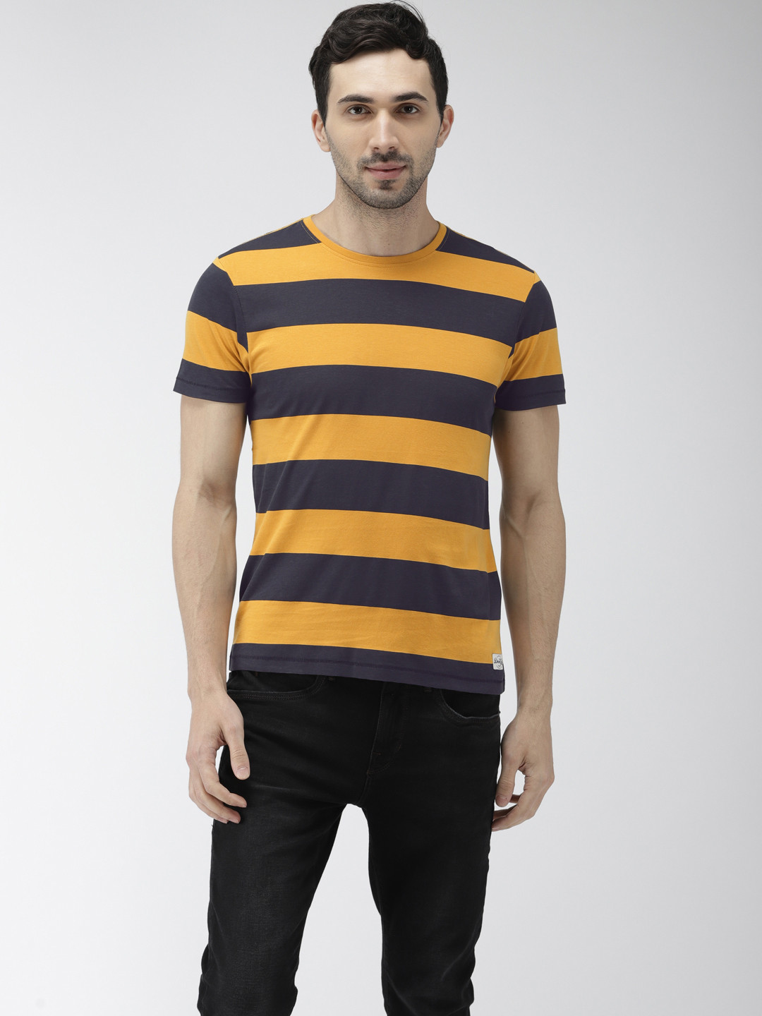 Flying Machine Men Mustard Yellow Navy Blue Striped Round Neck Pure Cotton T-shirt
Flying Machine Men Mustard Yellow Navy Blue Striped Round Neck Pure Cotton T-shirt