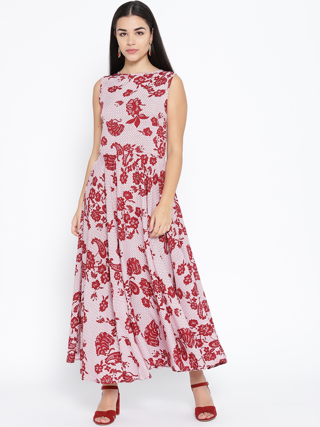 Karmic Vision Women White & Maroon Floral Print Maxi Dress