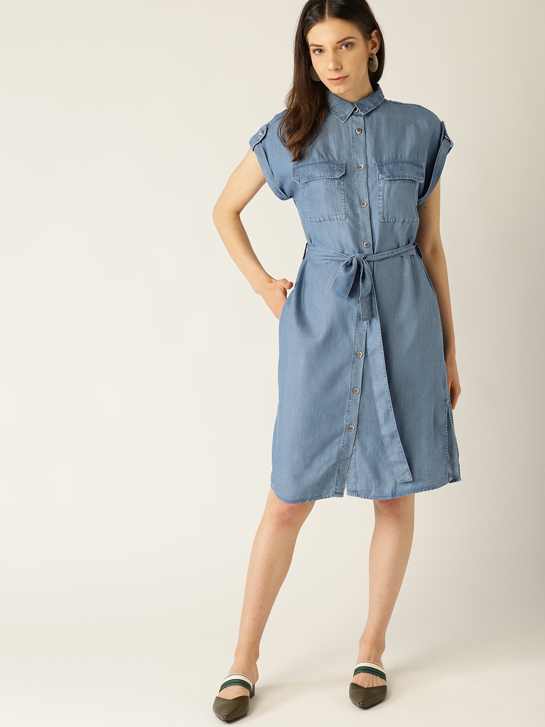 MANGO Women Blue Chambray Shirt Dress