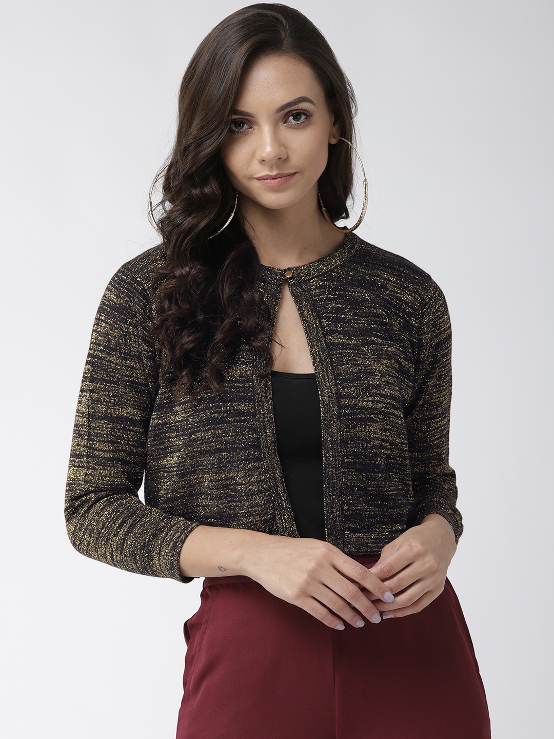 Style Quotient Women Black & Golden Self Design Shrug