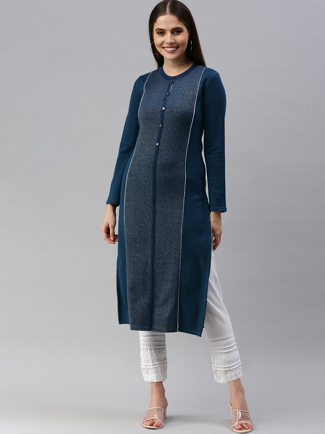 AURELIA Women Navy Blue Thread Work Paneled Kurta
