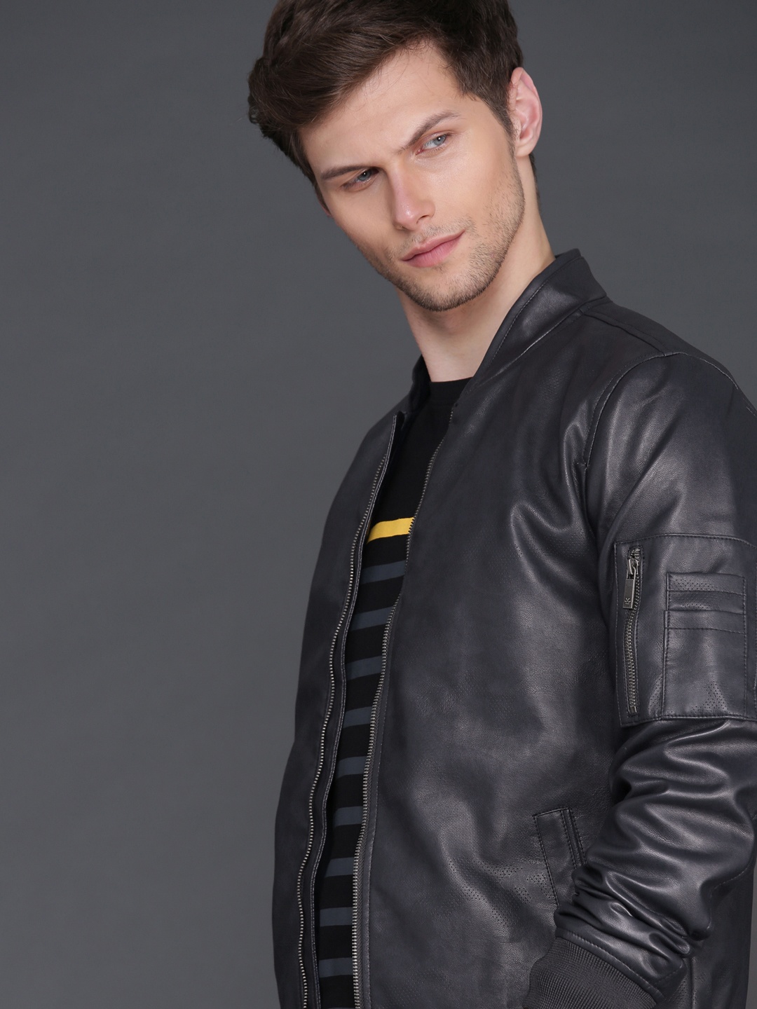 WROGN Men Navy Blue Solid Slim Fit Bomber Jacket