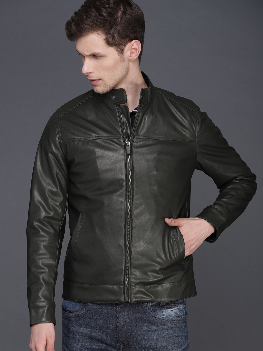 WROGN Men Green Solid Biker Jacket