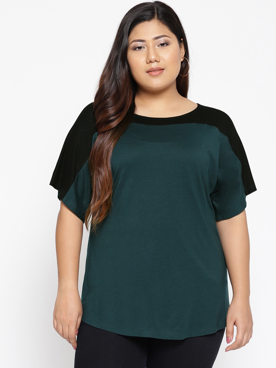 The Pink Moon Plus Size Women Teal Green Black Colourblocked Round Neck T-shirt