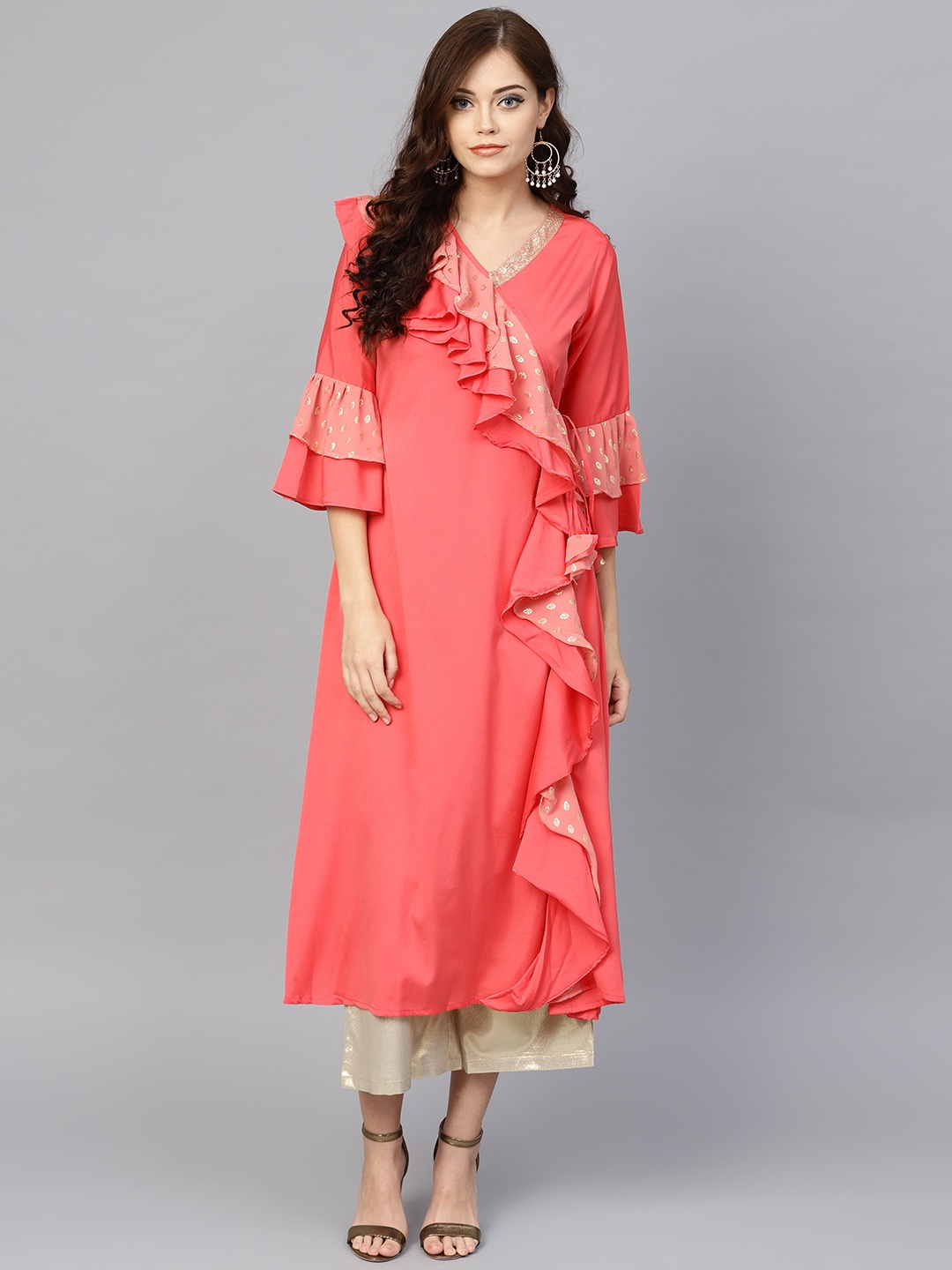 Ahalyaa Women Coral Pink Solid Ruffle Detail Angrakha Kurta