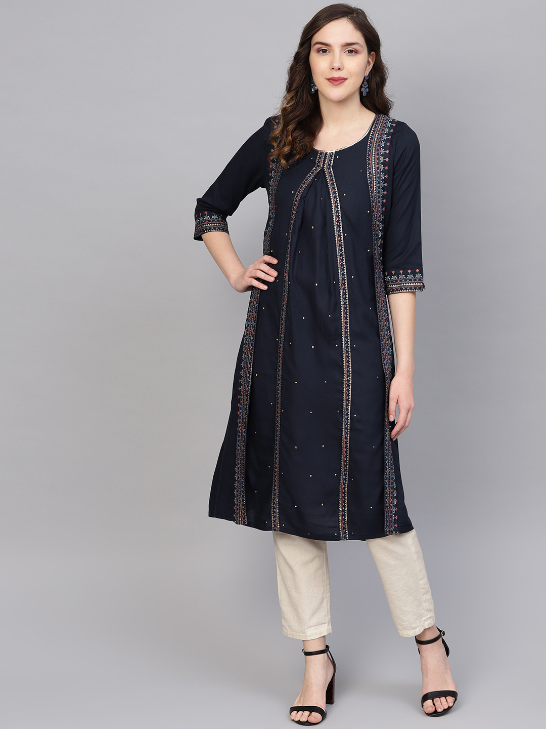 W Women Navy Blue & Golden Printed Layered A-Line Kurta 
W Women Navy Blue & Golden Printed Layered A-Line Kurta