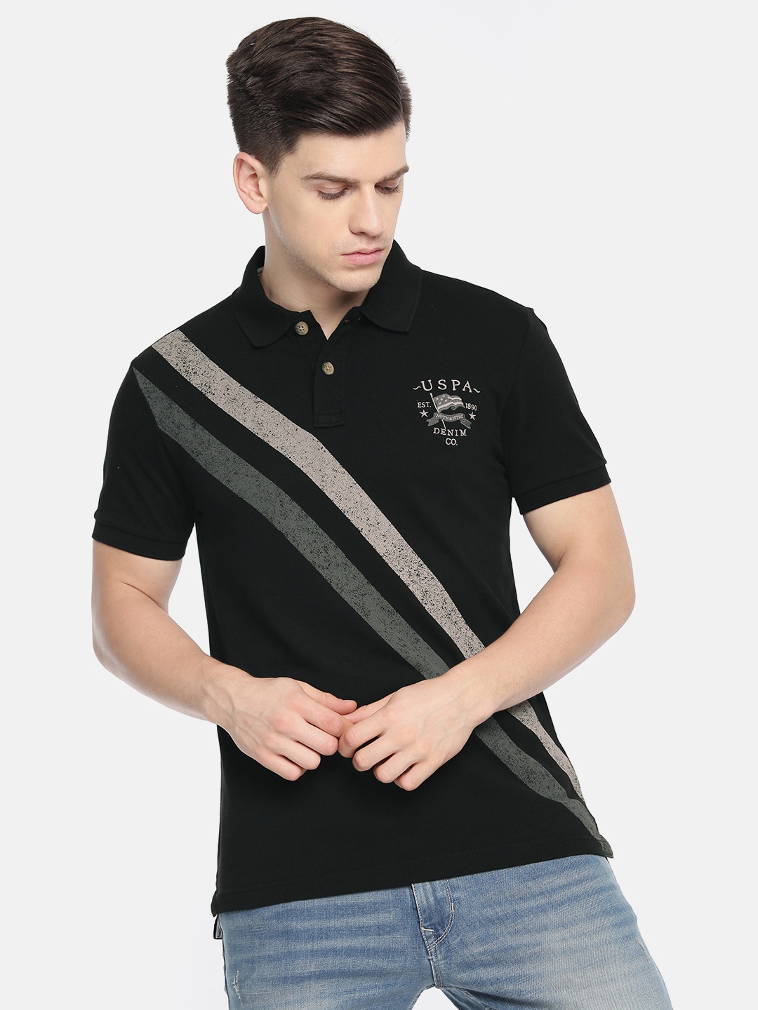 U.S. Polo Assn. Denim Co. Men Black Striped Embroidered Polo Collar Pure Cotton T-shirt
U.S. Polo Assn. Denim Co. Men Black Striped Embroidered Polo Collar Pure Cotton T-shirt