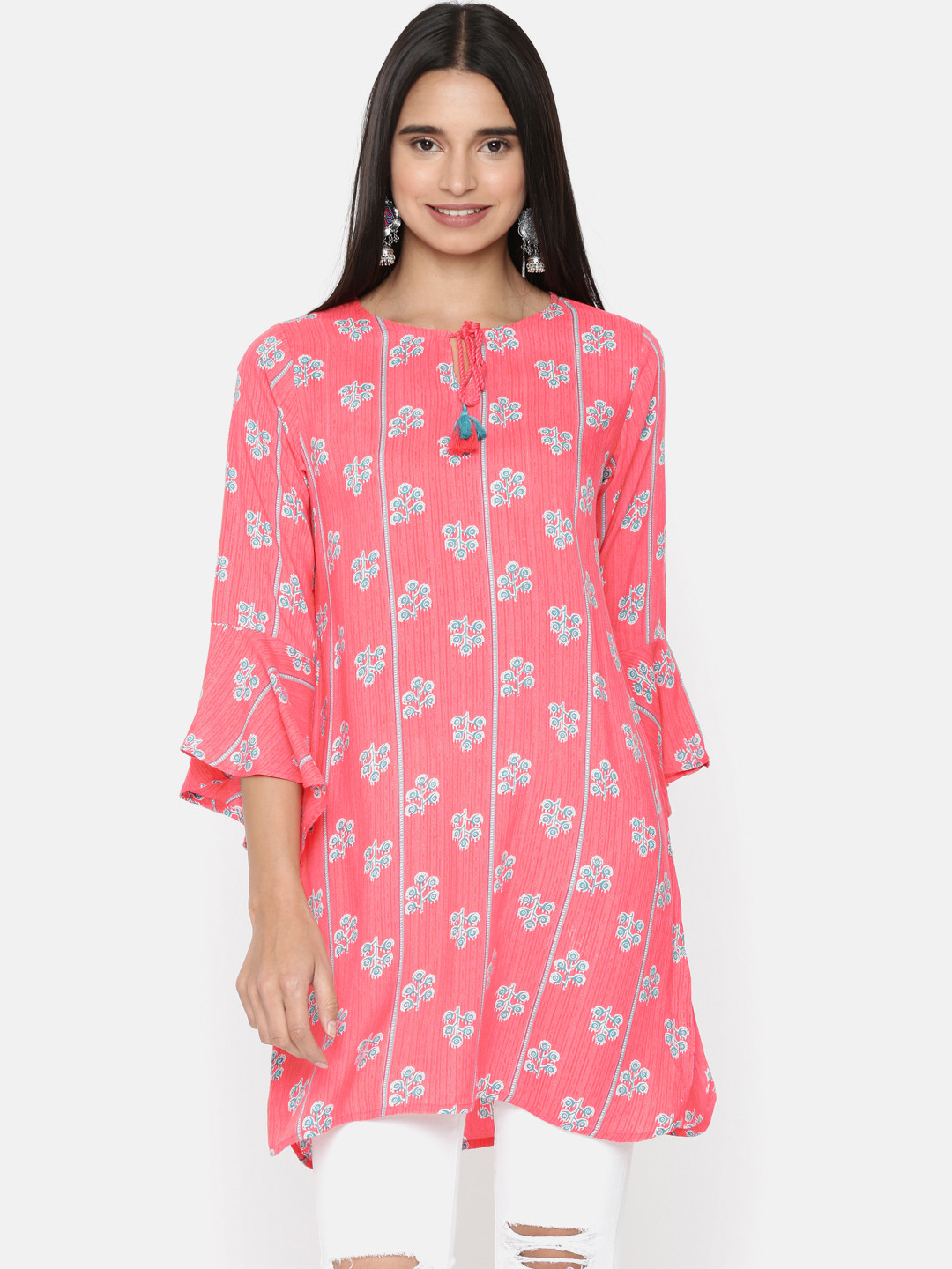 Global Desi Women Pink & Green Printed Round Neck A-Line Kurta 
Global Desi Women Pink & Green Printed Round Neck A-Line Kurta