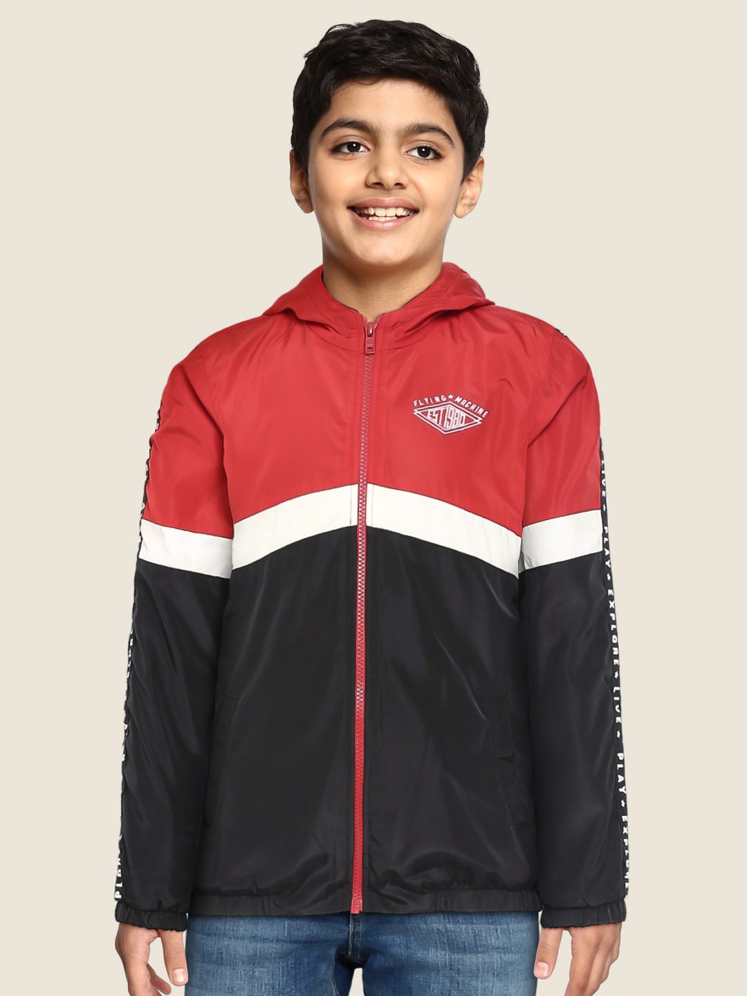 Flying Machine Boys Red & Black Colourblocked Hooded Tailored Jacket with Side Taping
Flying Machine Boys Red & Black Colourblocked Hooded Tailored Jacket with Side Taping