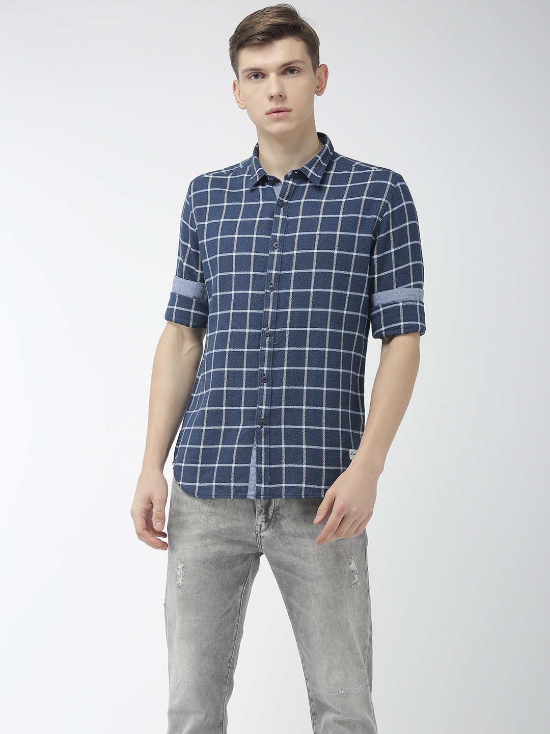 Flying Machine Men Blue Slim Fit Checked Casual Shirt