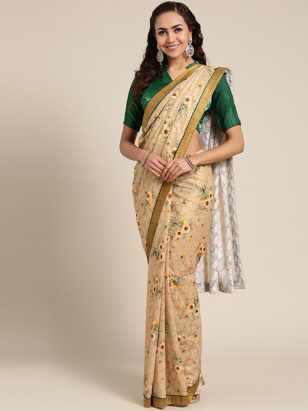 Saree mall Beige & Green Lace Printed Saree