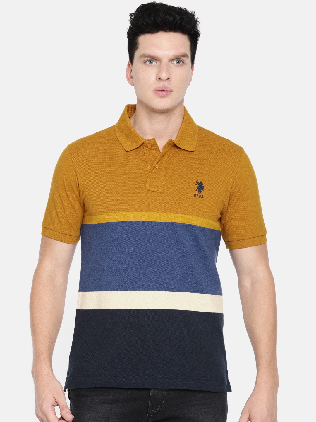 U.S. Polo Assn. Men Mustard Yellow Blue Colourblocked Polo Collar Pure Cotton T-shirt
U.S. Polo Assn. Men Mustard Yellow Blue Colourblocked Polo Collar Pure Cotton T-shirt