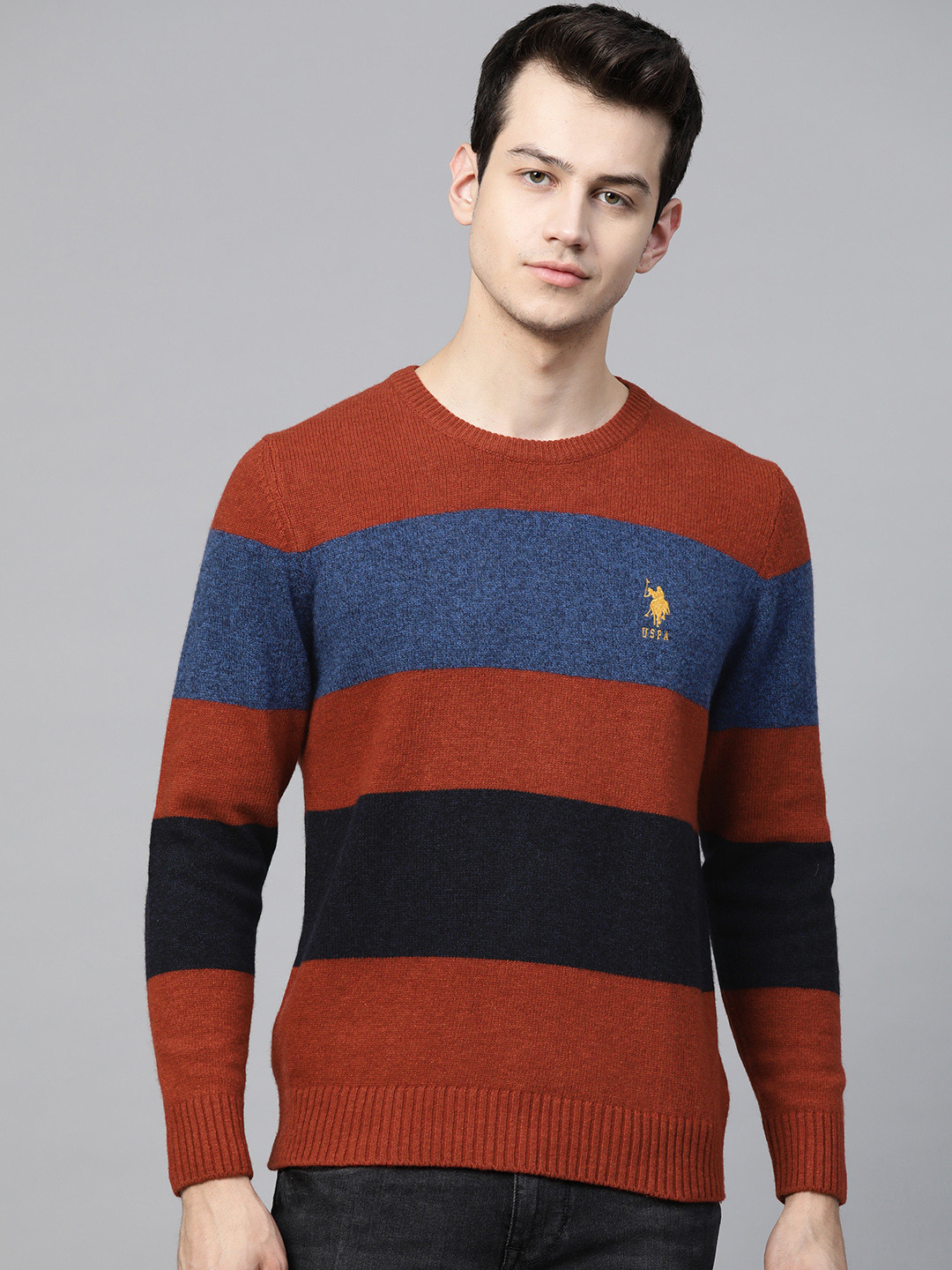 U.S. Polo Assn. Men Rust Brown & Blue Striped Pullover 
U.S. Polo Assn. Men Rust Brown & Blue Striped Pullover