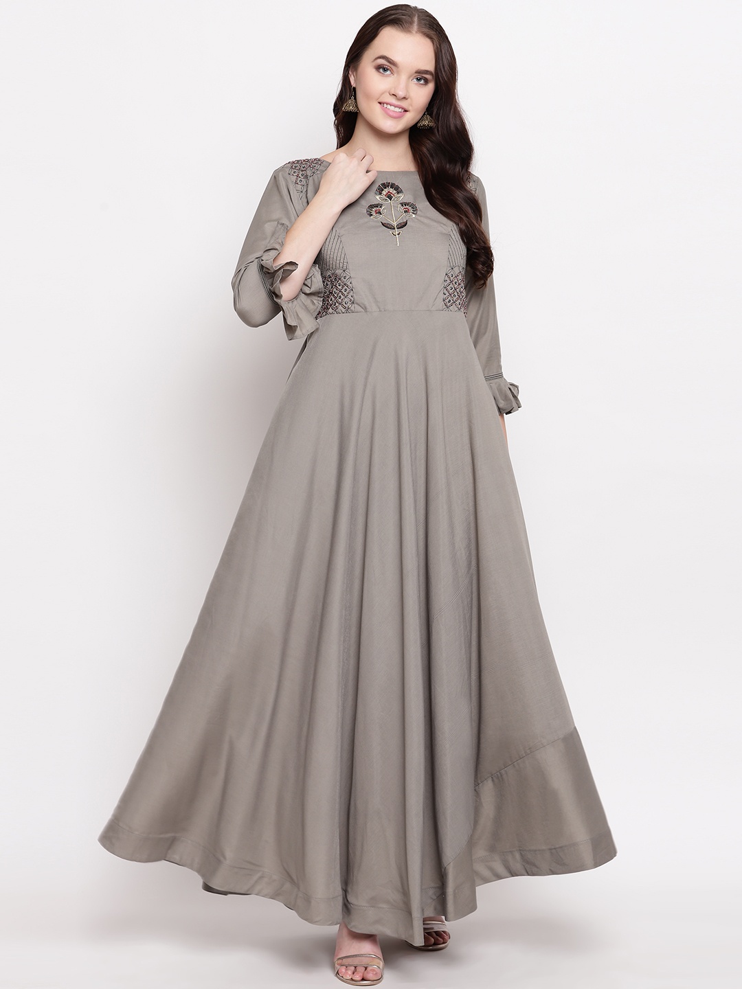 Kvsfab Women Solid Grey Embroidered Maxi Dress