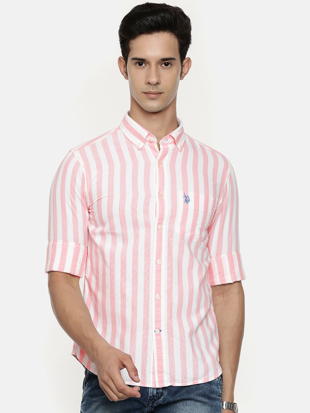 U.S. Polo Assn. Men White & Pink Tailored Fit Striped Casual Shirt