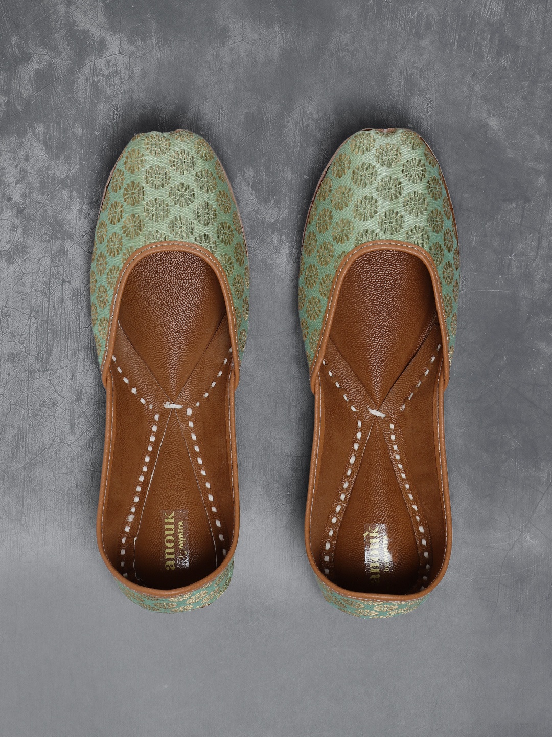 Anouk Women Green Gold-Toned Woven Design Mojaris