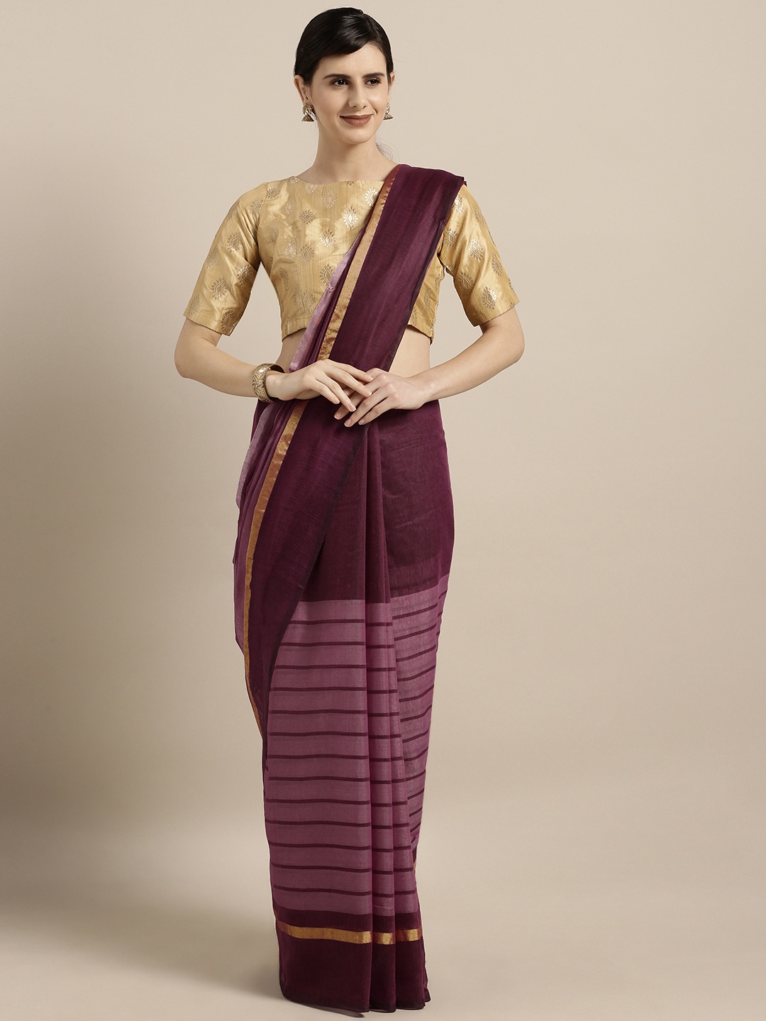 MOKSHA DESIGNS Magenta Cotton Blend Striped Chanderi Saree