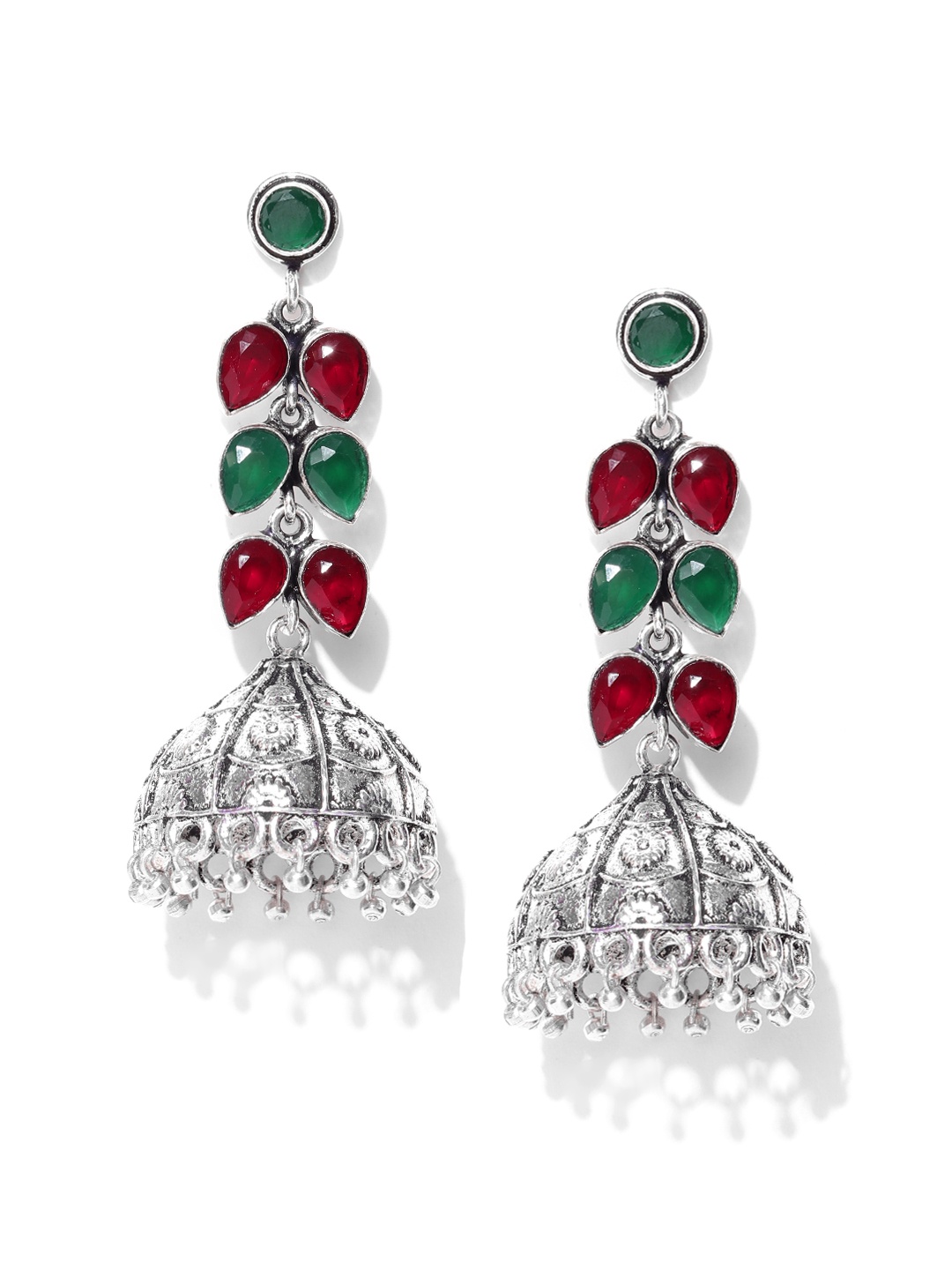 Infuzze Oxidised Silver-Toned Brass-Plated Stone-Studded Handcrafted Dome Shaped Jhumkas, Maroon
Infuzze Oxidised Silver-Toned Brass-Plated Stone-Studded Handcrafted Dome Shaped Jhumkas, Maroon