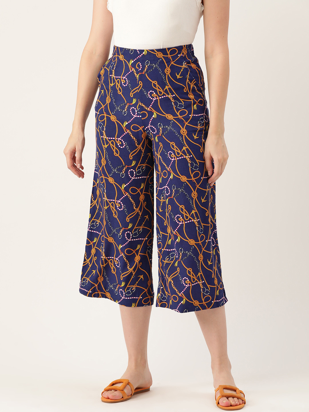 MANGO Women Blue & Orange Regular Fit Printed Culottes 
MANGO Women Blue & Orange Regular Fit Printed Culottes