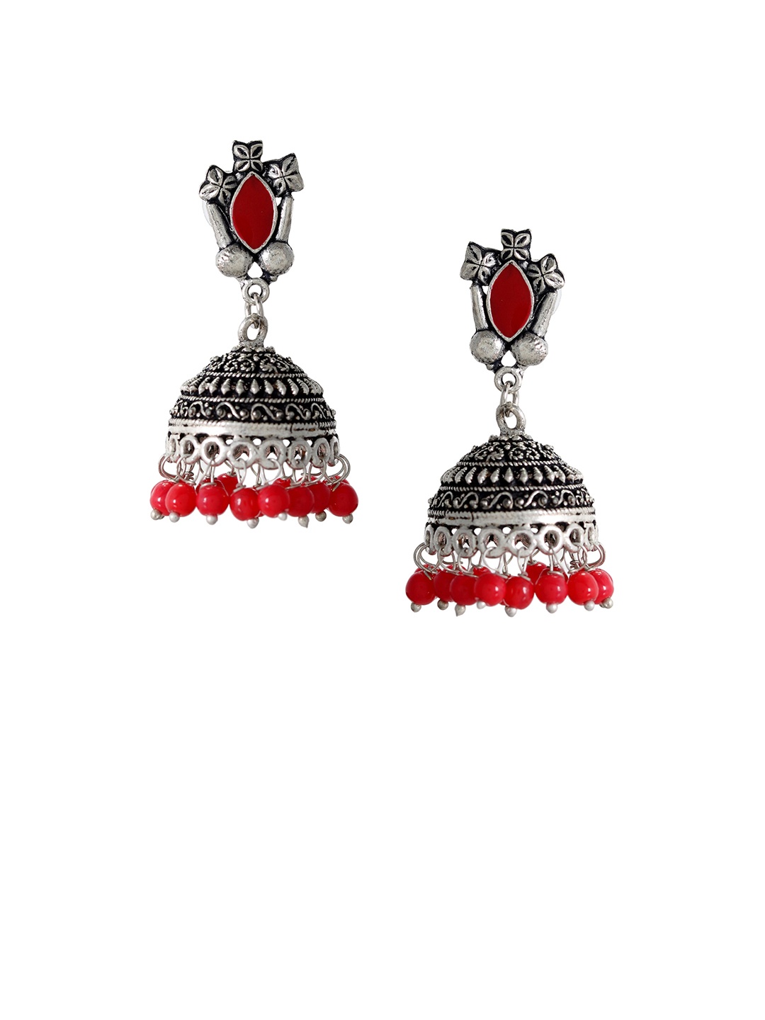 Silvermerc Designs Silver-Toned & Red Dome-Shaped Jhumkas