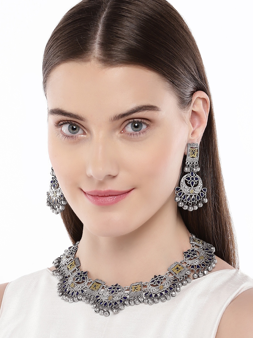 Ethnic Fashion Designer Dual Tone Silver Plated Blue Stone Choker Style Necklace Earring Set
Ethnic Fashion Designer Dual Tone Silver Plated Blue Stone Choker Style Necklace Earring Set