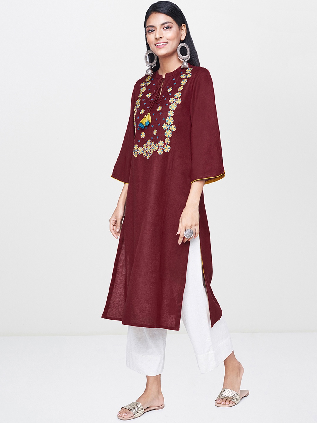 Global Desi Women Red & Maroon Solid Straight Kurta
