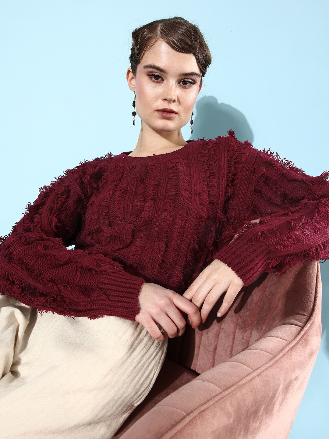 The Roadster Lifestyle Co. Open Knitted Round Neck Pullover With Raw Fringed Detail, Maroon
The Roadster Lifestyle Co. Open Knitted Round Neck Pullover With Raw Fringed Detail, Maroon