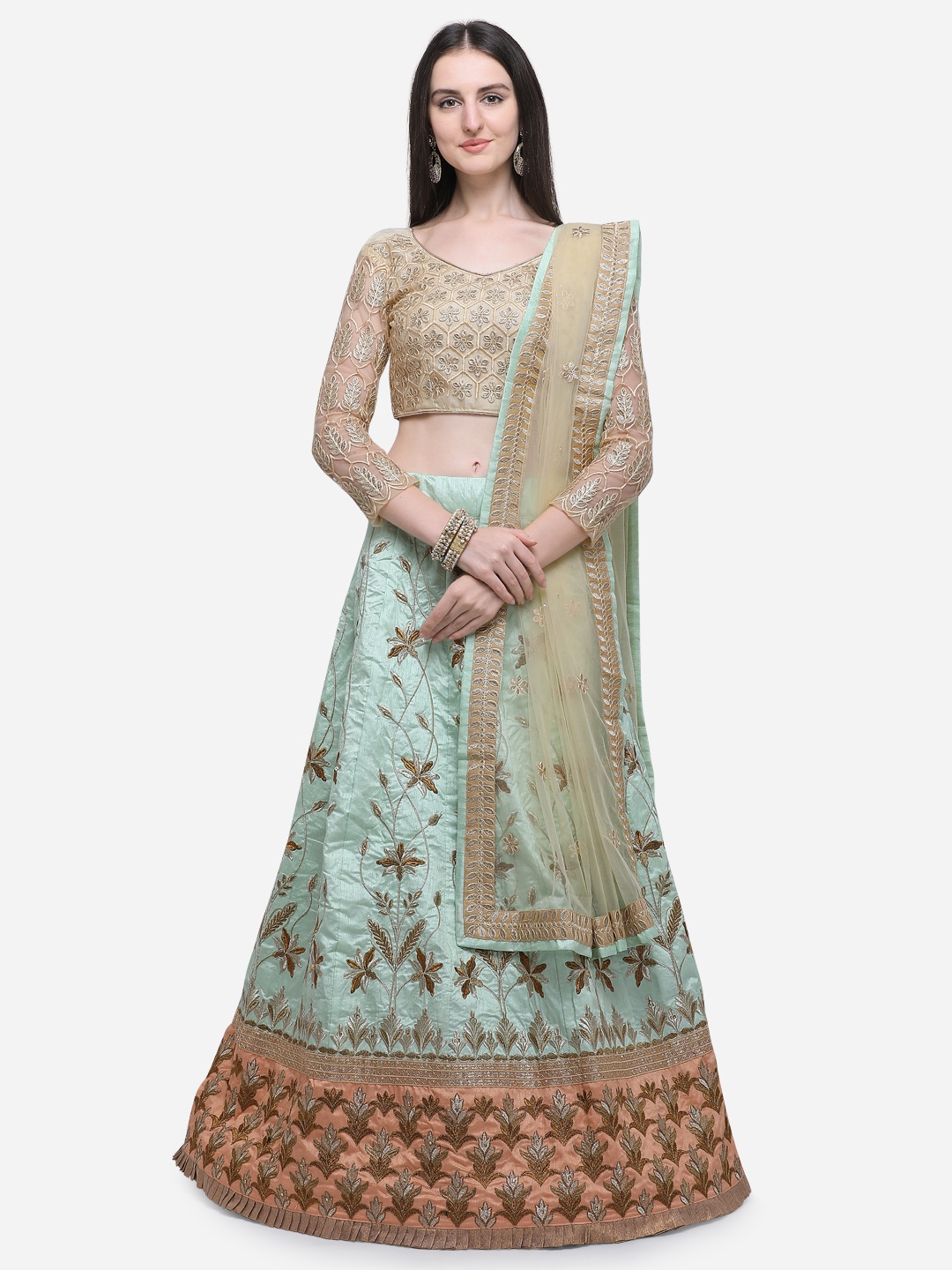 Aasvaa Sea Green & Beige Embroidered Semi-Stitched Lehenga & Unstitched Blouse with Dupatta
Aasvaa Sea Green & Beige Embroidered Semi-Stitched Lehenga & Unstitched Blouse with Dupatta