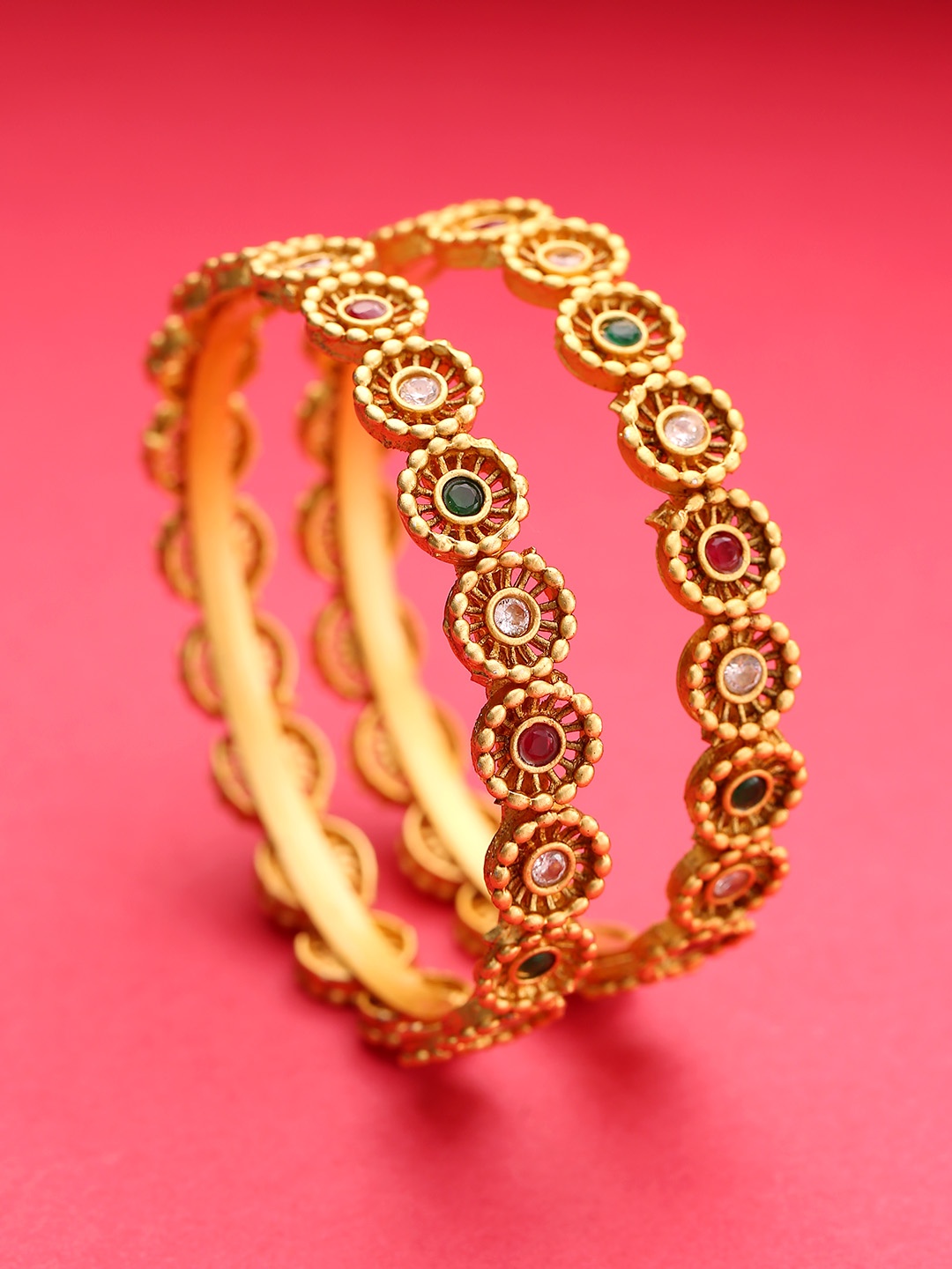 Priyaasi Set of 2 Red & Green Gold-Plated Stone-Studded Matte Finish Handcrafted Bangles
Priyaasi Set of 2 Red & Green Gold-Plated Stone-Studded Matte Finish Handcrafted Bangles