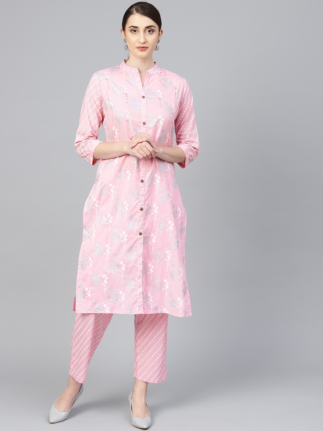 ANAISA Women Pink & Silver Block Print Kurta with Trousers with Bead Work