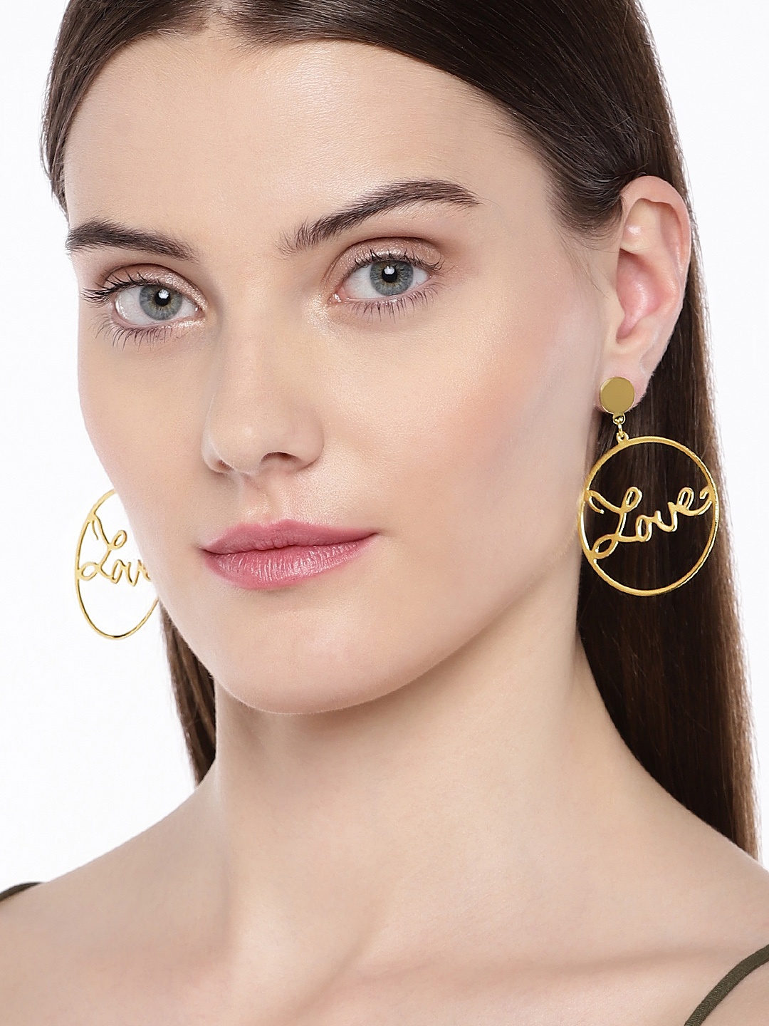 OOMPH Gold-Toned Circular Love Statement Drop Earrings