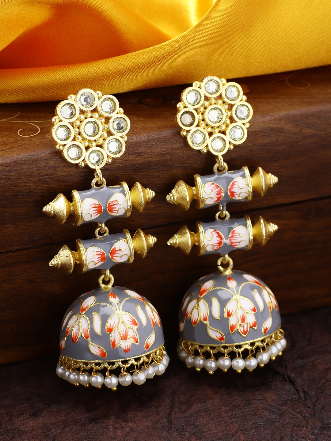 Peora Grey Meenakari Handwork Traditional 18K Gold Plated Dome Shaped Jhumkas