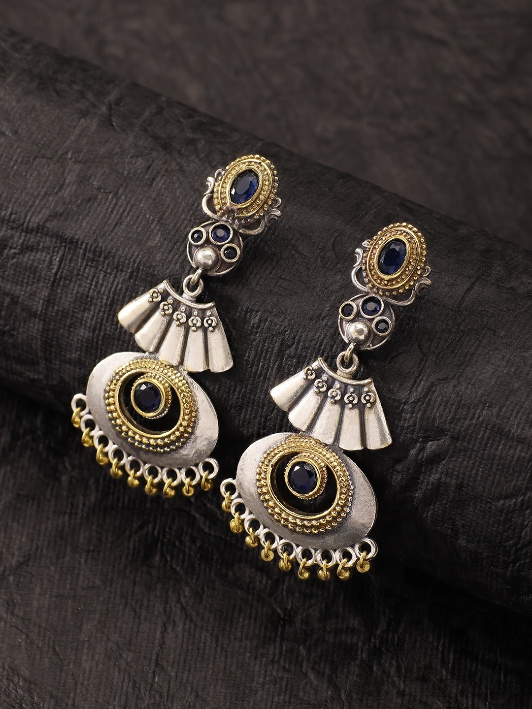 Peora Women Silver-Plated Blue Oxidised Contemporary Drop Earrings