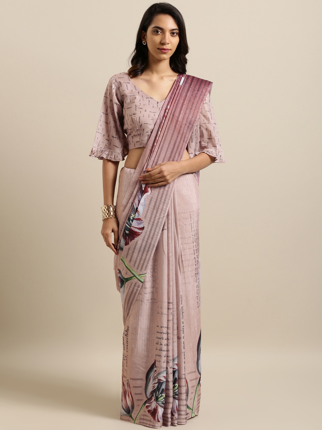 Kvsfab Pink Printed Silk Cotton Saree