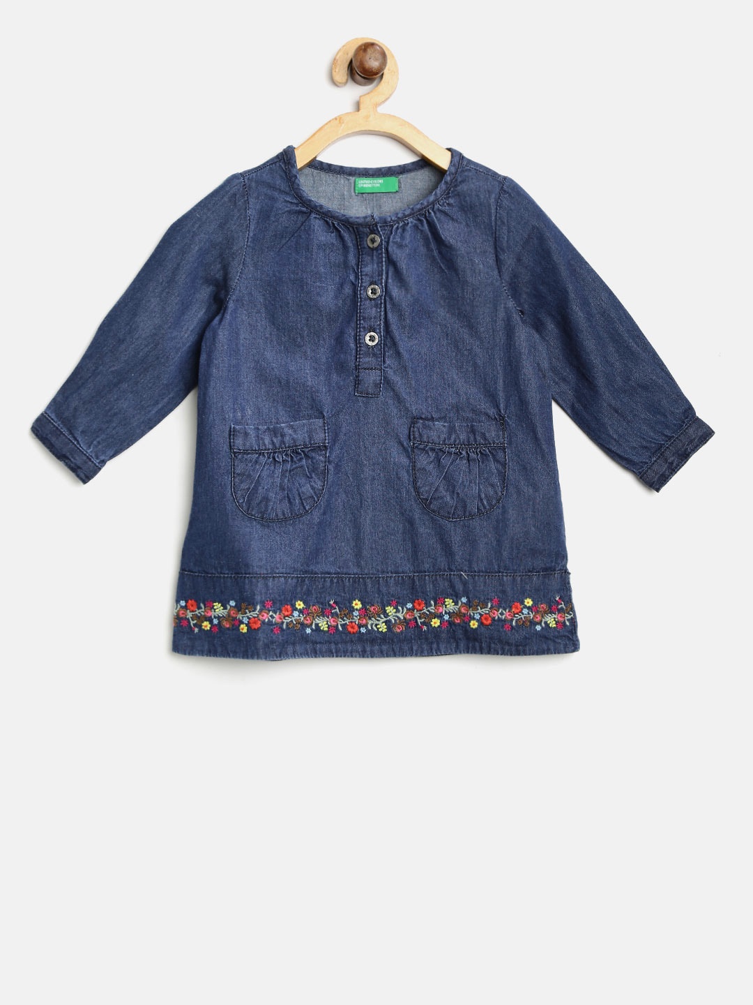 United Colors of Benetton Girls Blue Chambray Solid Shift Dress