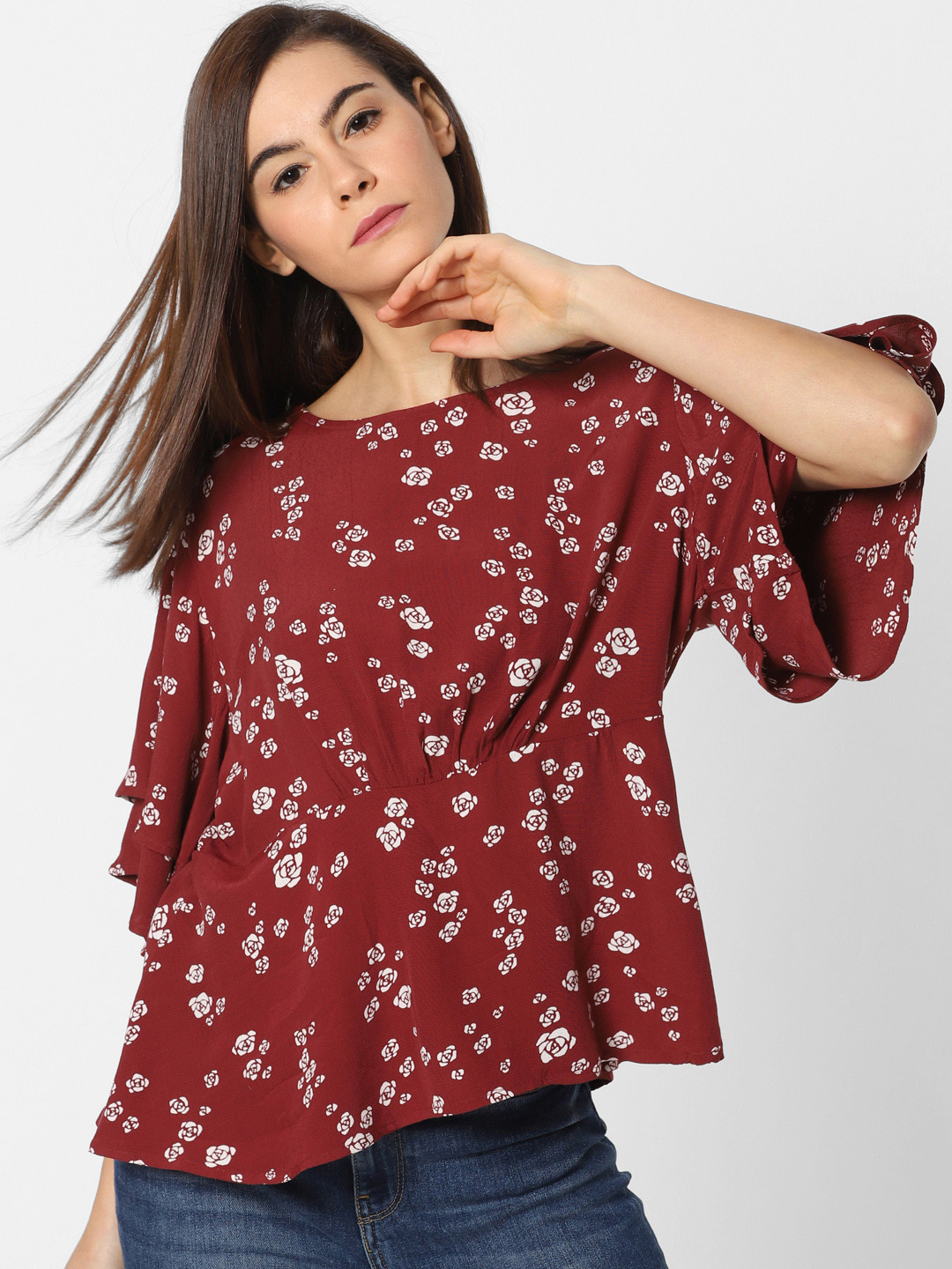 ONLY Women Maroon & White Floral Printed Regular Top 
ONLY Women Maroon & White Floral Printed Regular Top