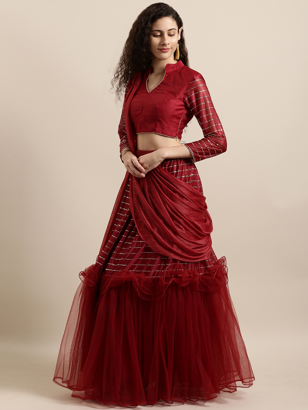 Tikhi Imli Maroon Embellished Satin Ready To Wear Saree
