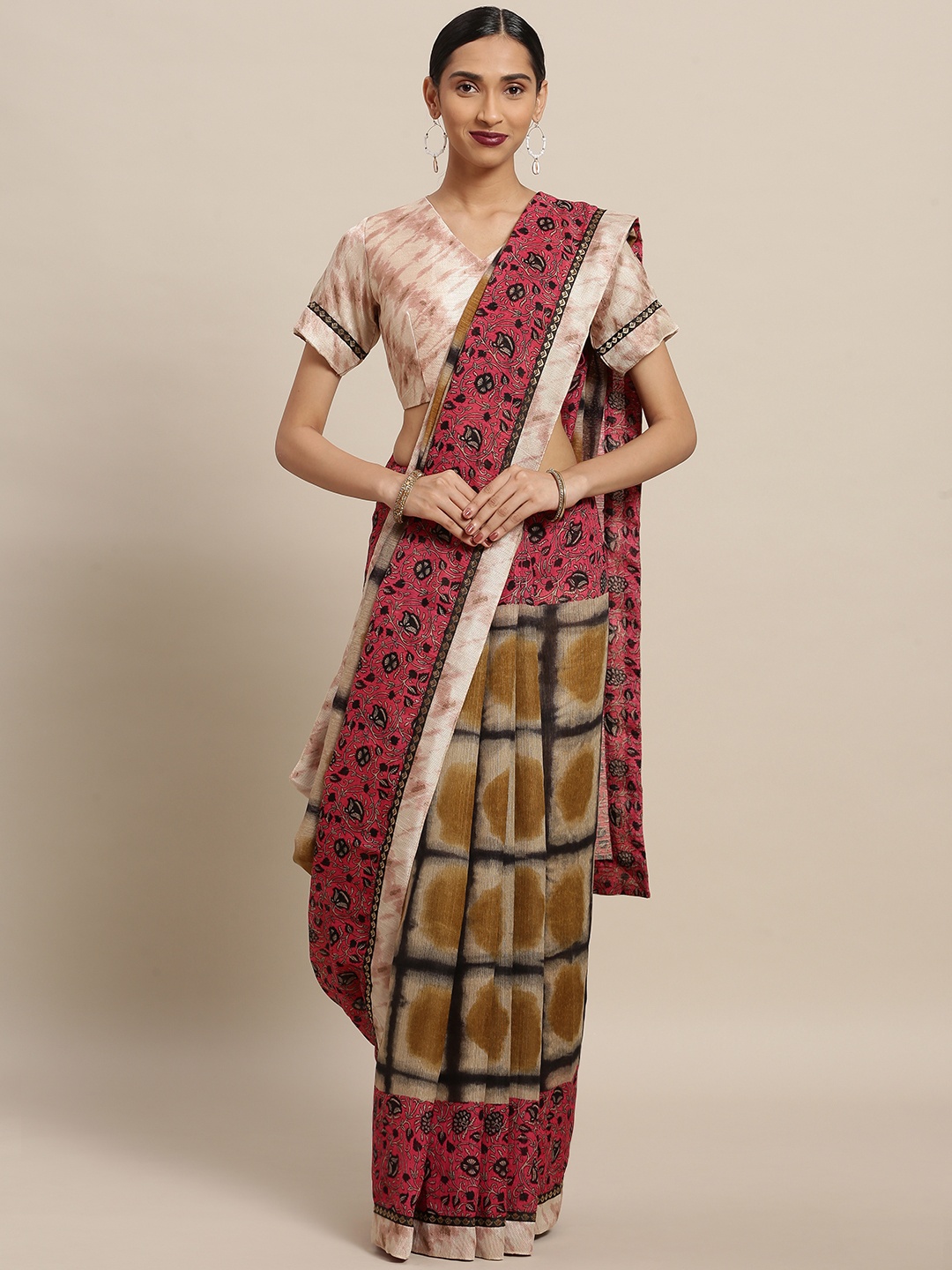 Shaily Beige & Pink Polycotton Printed Saree