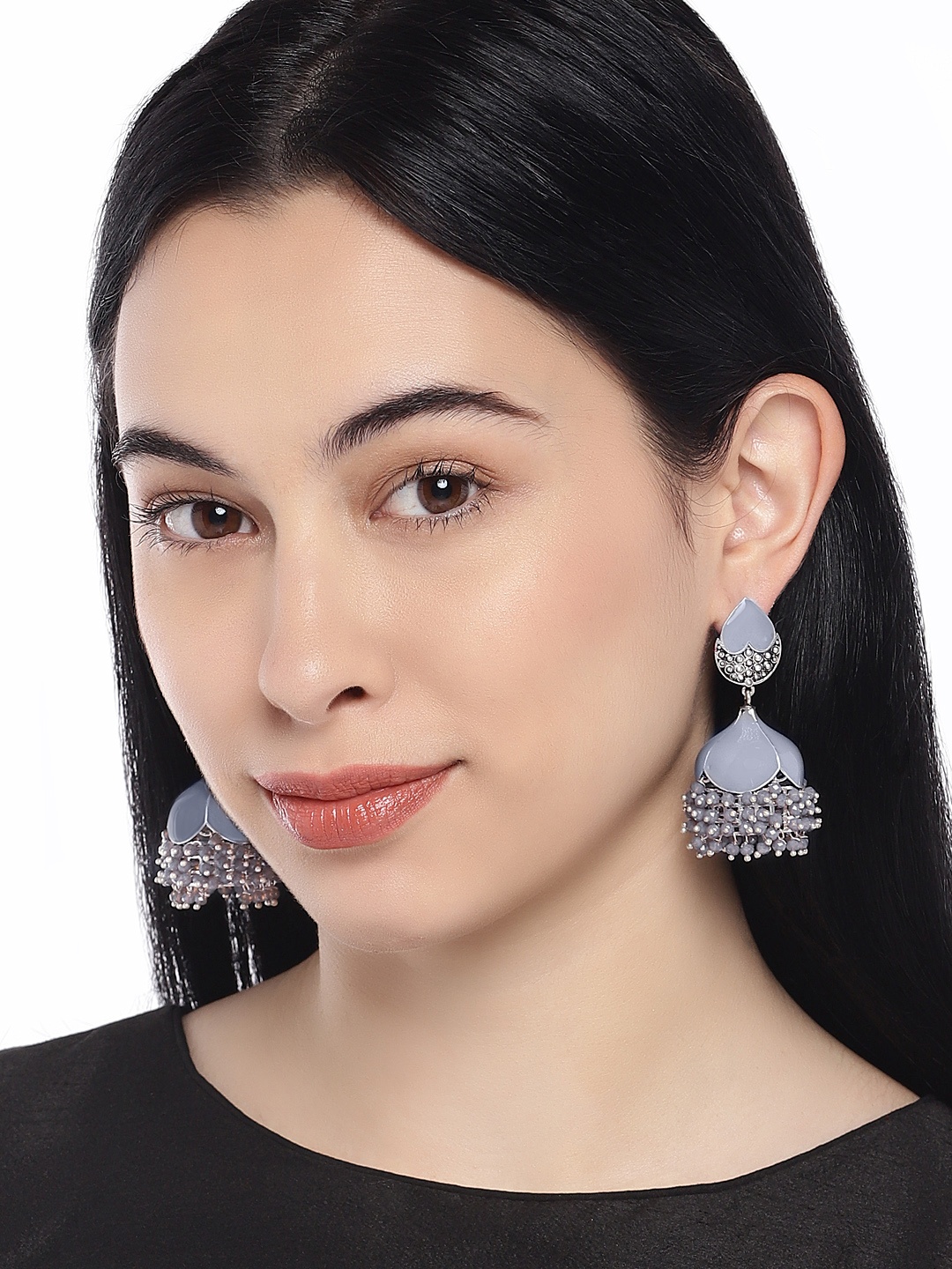 Peora Women Silver-Plated Grey Oxidised Contemporary Jhumkas