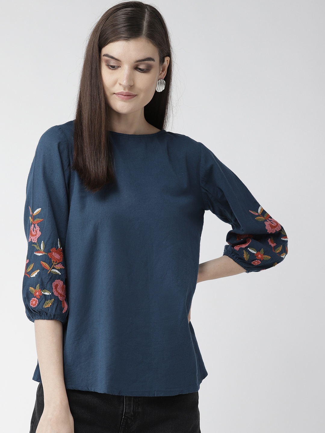 SCOUP Women Navy Blue Solid Pure Cotton Top