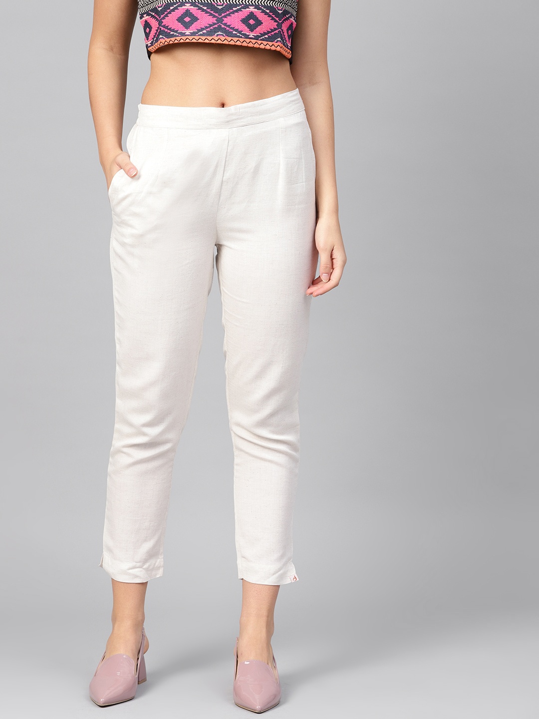 Juniper Women Off-White Smart Slim Fit Cropped Cigarette Trousers