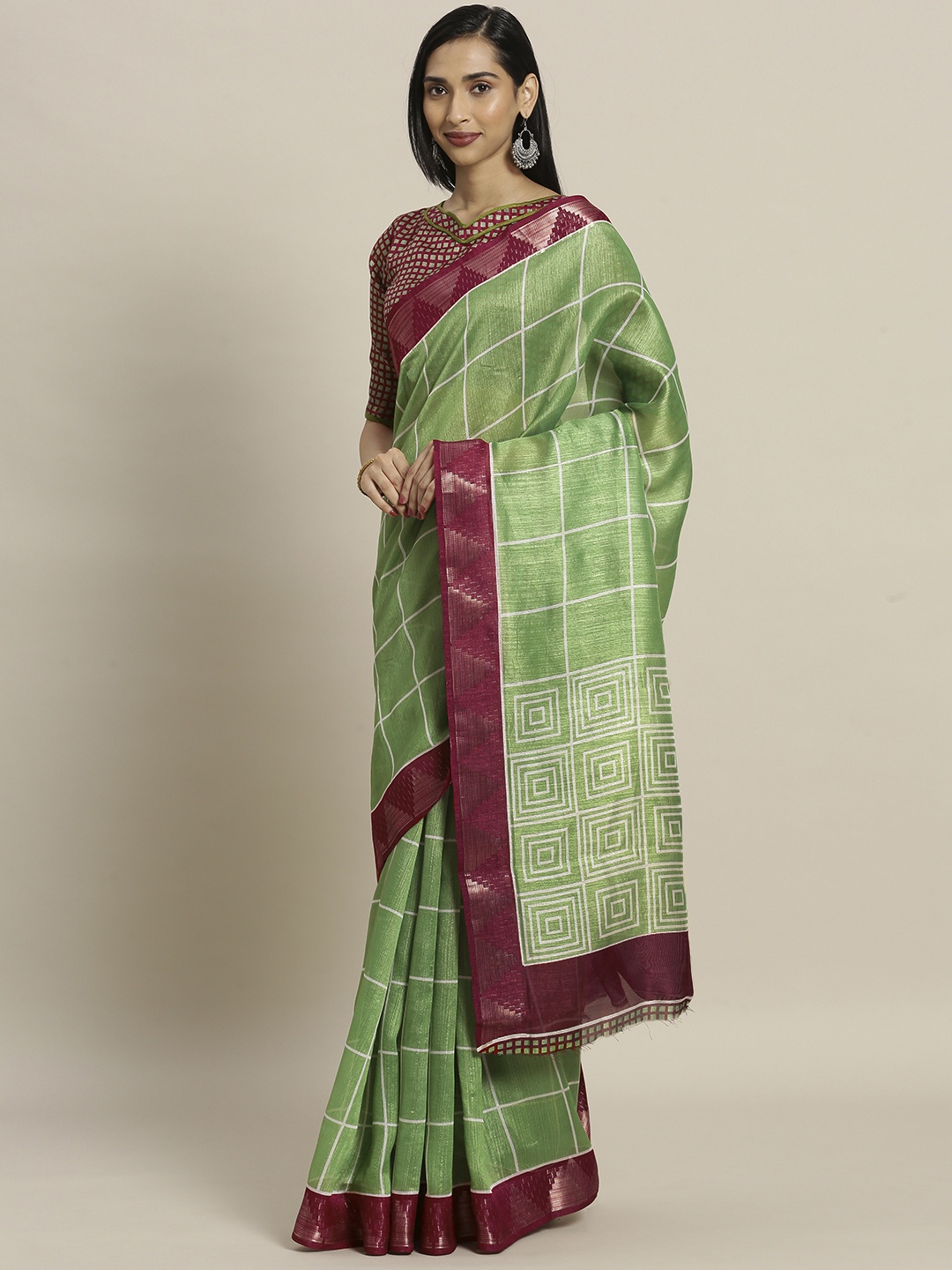 Shaily Green & White Silk Cotton Checked Saree